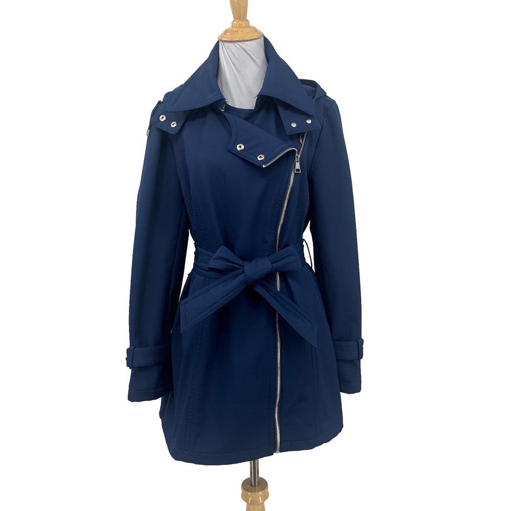 Karl Lagerfeld Trench Coat Womens M Prussian Fleece Lined Belted Hooded Jacket